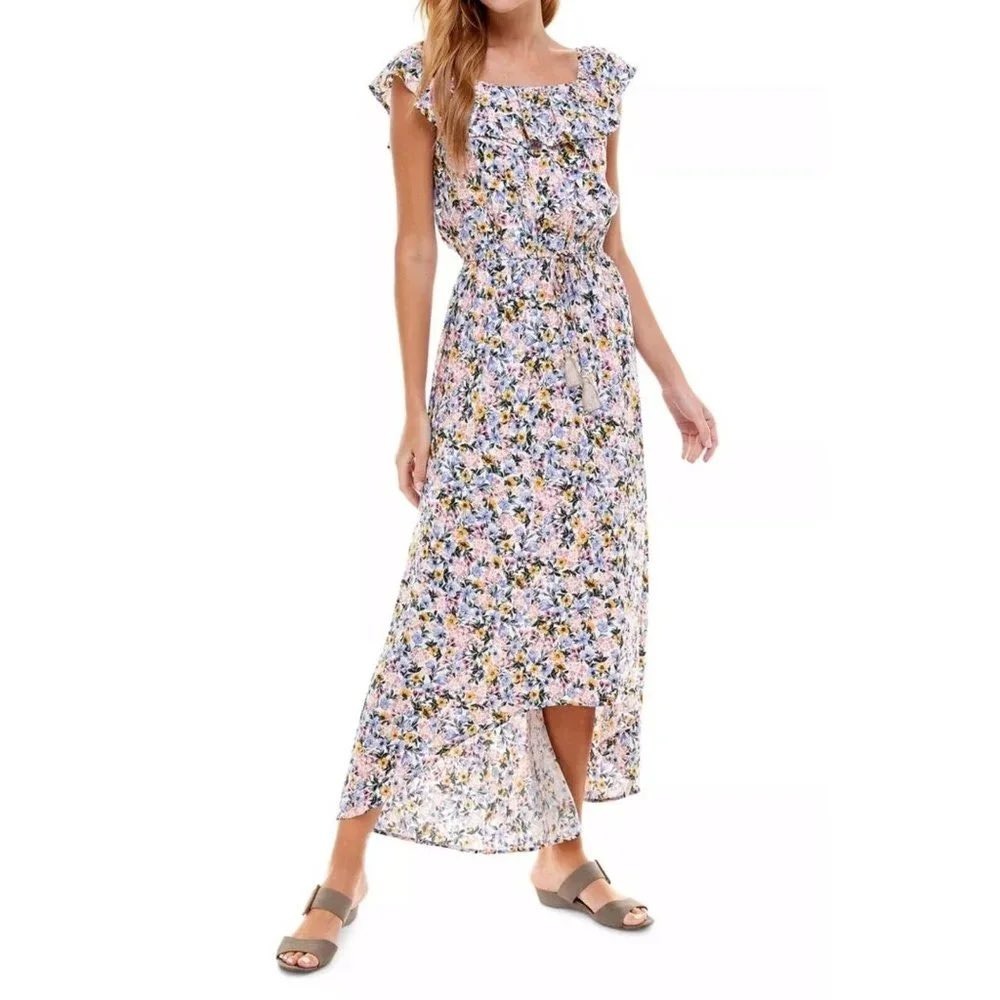 Kingston Grey Floral Off The Shoulder High Low Maxi Dress Medium Tassel Waist